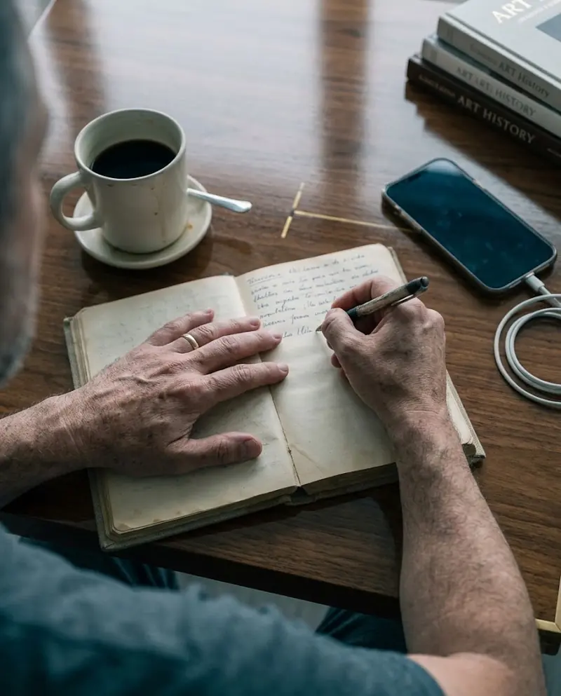 Las manos de un hombre con argolla de matrimonio escriben en un cuaderno, junto a una taza de café.