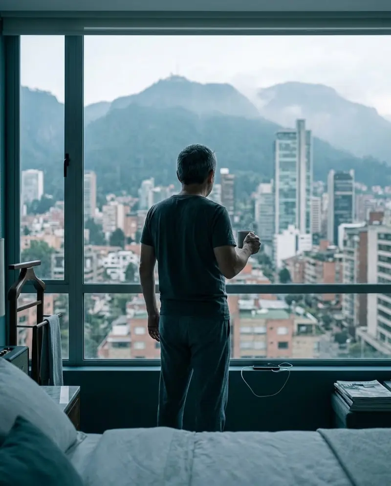 Un hombre de espaldas, con una taza en la mano, mira la ciudad por la ventana en la mañana.